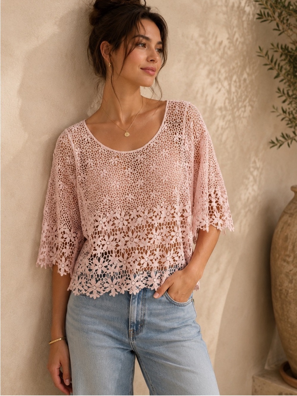 Anthropologie Blue Tassel Blush Pink Crochet Lace Layered Top with Cami NWOT